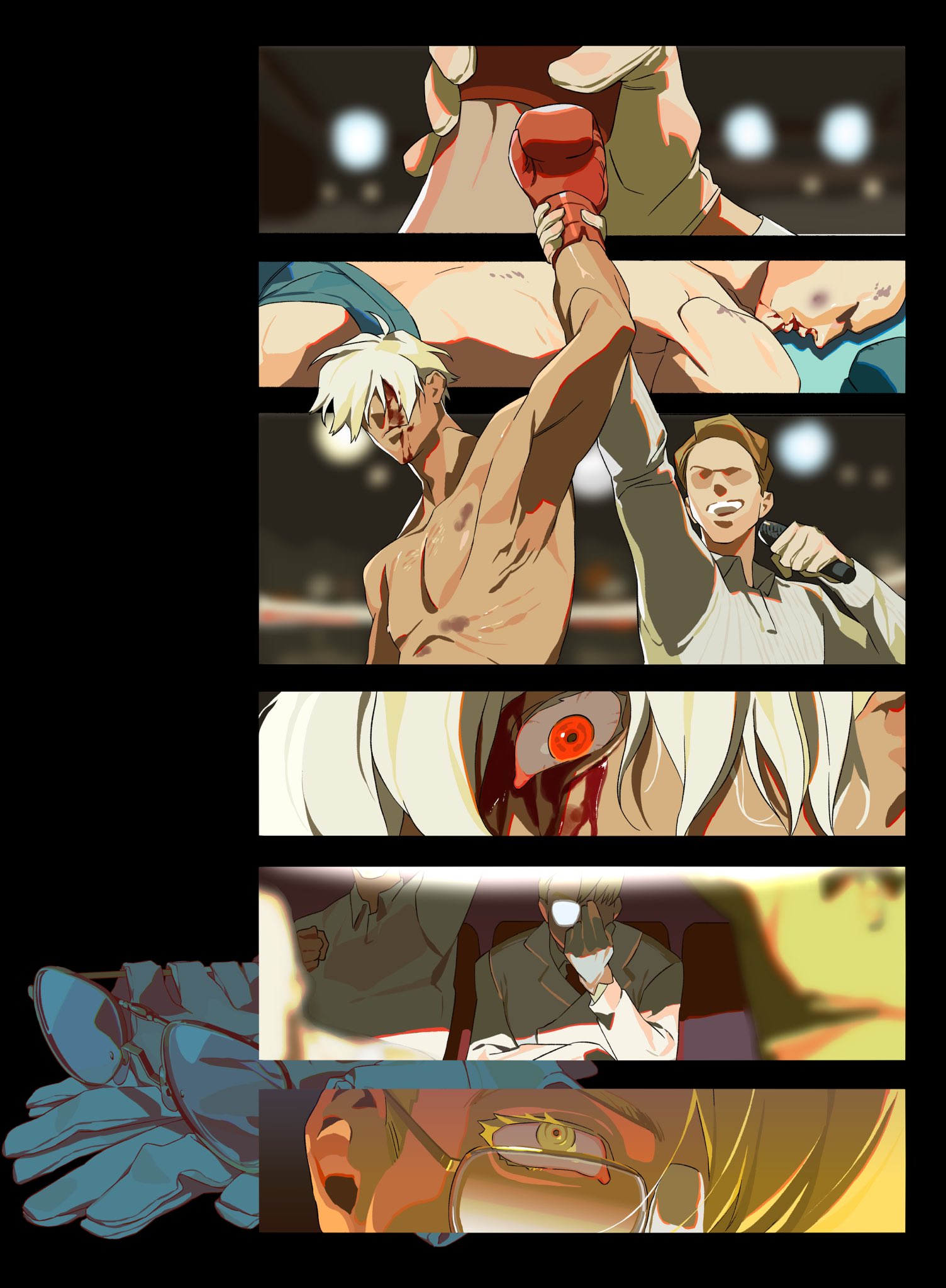 a comicstyle depiction of a boxing match and its aftermath. a boxer with white hair and bloodied face stands victorious with the referee raising his arm. other panels show closeups of a bloodied eye, a man watching with glasses, and an emotional reaction from another man with glasses. the artwork has a strong manga influence.