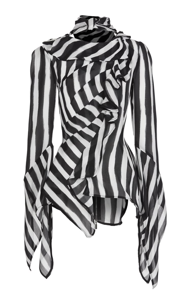 a black and white striped blouse with a high ruffled neckline and long sleeves. the blouse has an asymmetrical design with ruffles down the front.