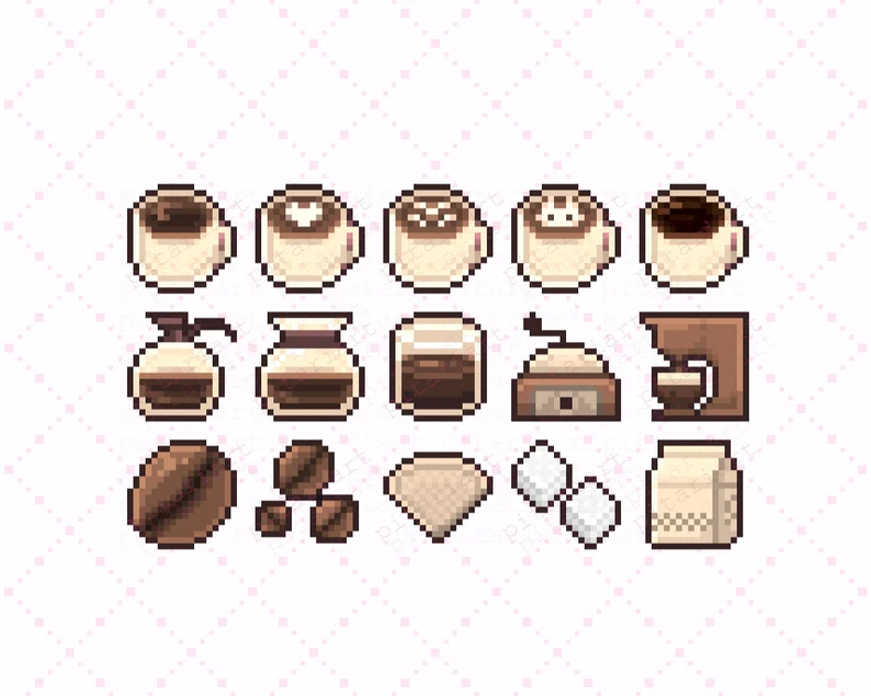 a pixel art image depicting various coffeerelated items including coffee cups with different types of coffee, coffee beans, a coffee maker, a coffee grinder, sugar, and a carton of milk. the image is presented from a topdown perspective and features a warm color palette.