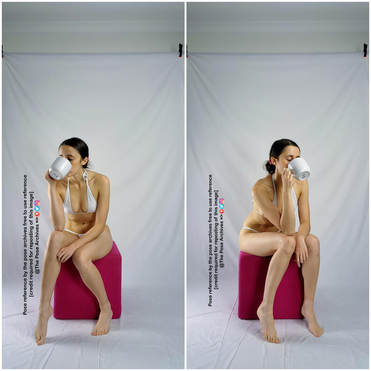 a woman in a white bikini sits on a pink cube, posing while drinking from a mug. the image is a diptych, showing the same pose from slightly different angles. the background is a plain white wall, and the lighting is soft and diffused.