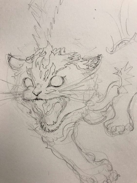 this is a pencil sketch of a cat with sharp teeth, claws, and open mouth. the cat is drawn with a lot of detail and has a fierce expression. the sketch is done in a realistic style and shows the animal's predatory nature. the lines are thick and bold, giving the drawing a sense of energy and movement. the cat's eyes are wide open, as if it is staring directly at the viewer.