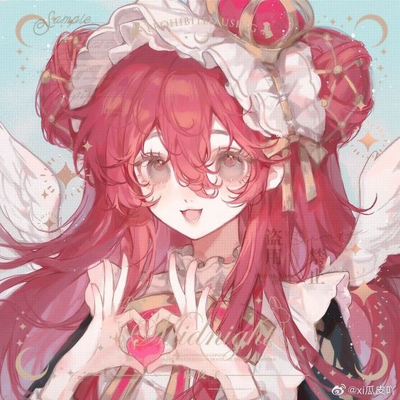 the image showcases a digital illustration of a young woman, depicted in an anime style. her vibrant red hair and rosy cheeks contribute to her overall cute and appealing aesthetic. she's wearing a predominantly pink and white outfit, complemented by angel wings, further enhancing her charm. the soft lighting used in the image creates a warm and inviting atmosphere. the focus remains solely on the girl, presented from a frontal perspective, drawing the viewer's attention to her endearing features and the heart she forms with her hands.