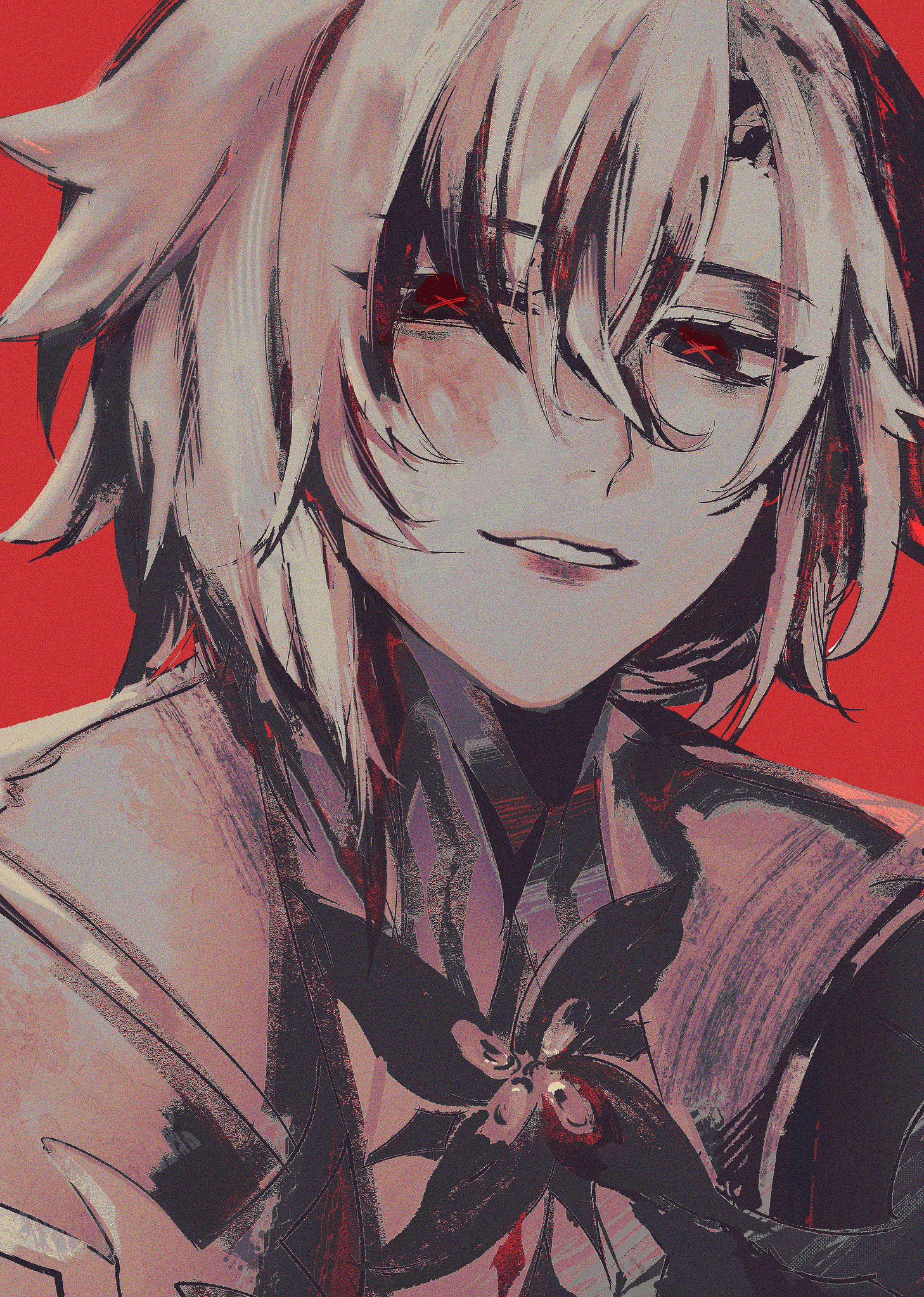 an anime illustration of a whitehaired male character with piercing red eyes against a solid red background. the character has short, layered hair that partially covers one eye, and a subtle, smug smile. he is wearing dark clothing with intricate details around the collar area. the art style is stylized with distinct brushstrokes.