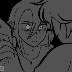 a black and white sketch of a manga/comic panel featuring two people. one person with longer hair looks distressed with wide, fearful eyes, while the other person, only partially visible, has their hand on the first person's shoulder in a comforting gesture. the closeup perspective and dramatic lighting emphasize the emotional intensity of the scene.