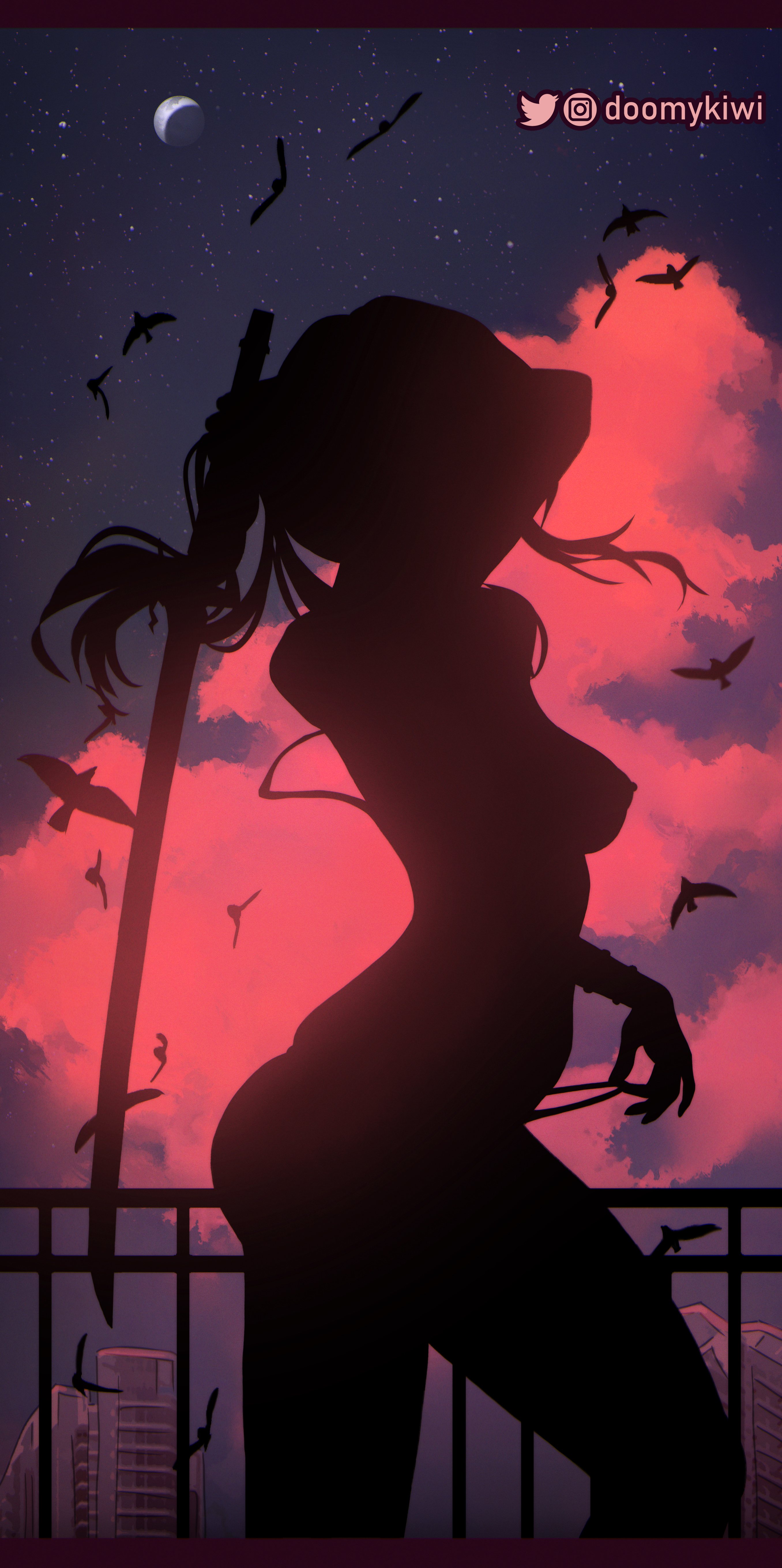 the image is a digital illustration showing a silhouette of a topless animestyle woman holding a katana. she is positioned against a backdrop of a vibrant red and pink sunset sky filled with silhouetted birds. a cityscape is visible in the background, partially obscured by a railing that appears to be a balcony. the overall mood is dark, mysterious, and slightly sensual. the artist's twitter handle, @doomykiwi, is visible in the upper right corner.