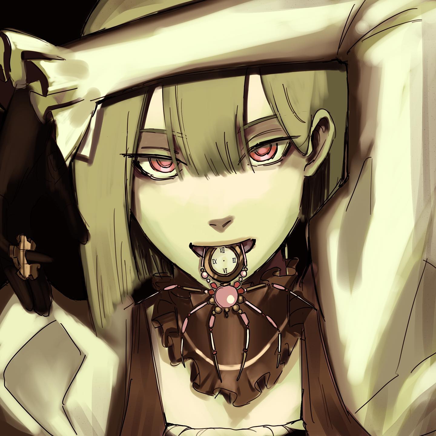 a digital illustration of an anime girl with long blonde hair, wearing a white collar and a necklace with a clock and spider design. she has a creepy, mysterious expression with dark eyes.  the background is dark and shadowy. the style of the illustration is gothic and whimsical, with a dark and eerie feel.