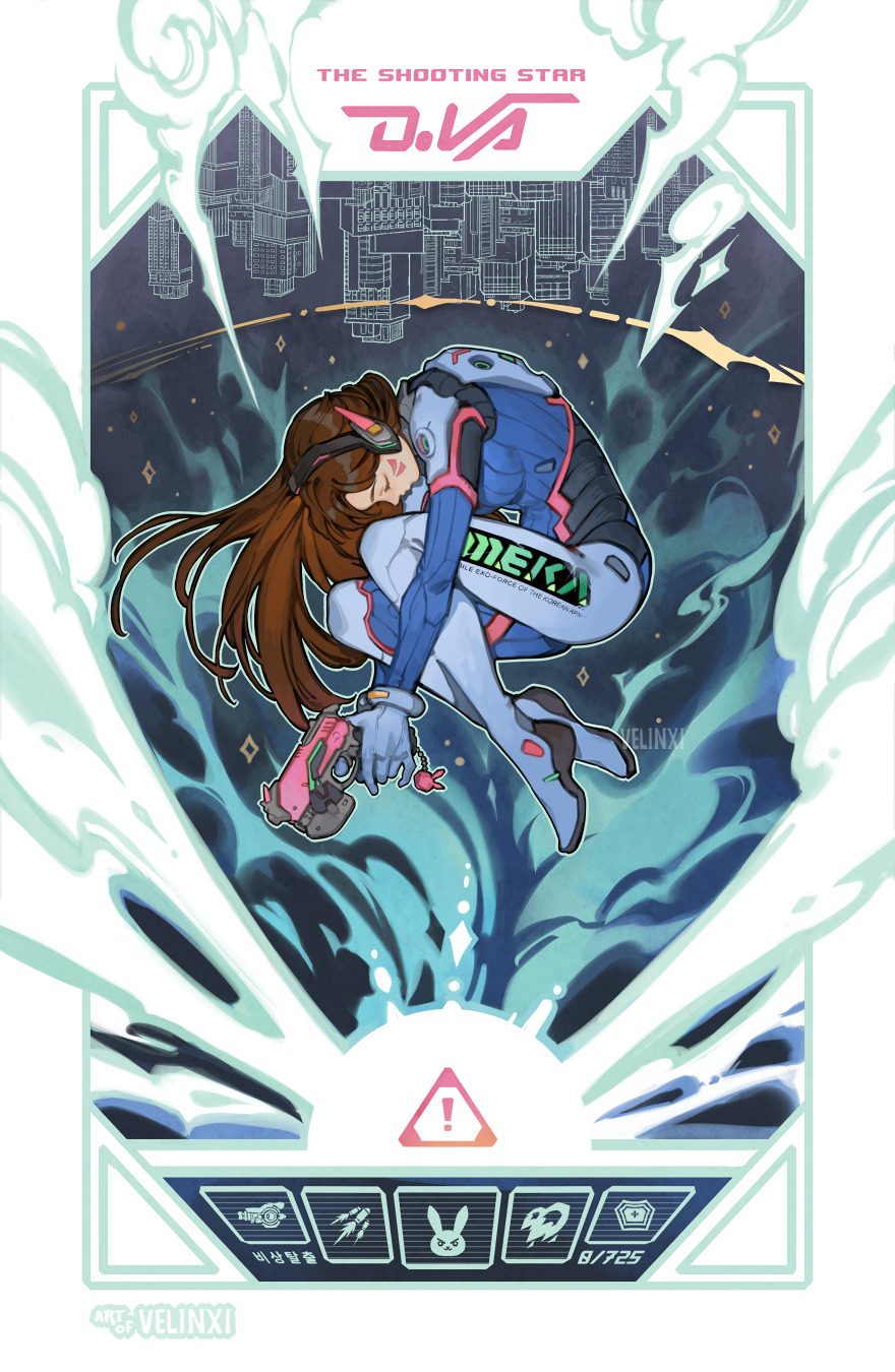 the image is a piece of fan art depicting the overwatch character d.va in her meka suit. she is positioned in the center of the image, hugging her meka. the background includes a cityscape and swirling blue energy. the artwork is presented as a card with gamerelated icons and information at the bottom. the title "the shooting star" and "d.va" are displayed at the top.