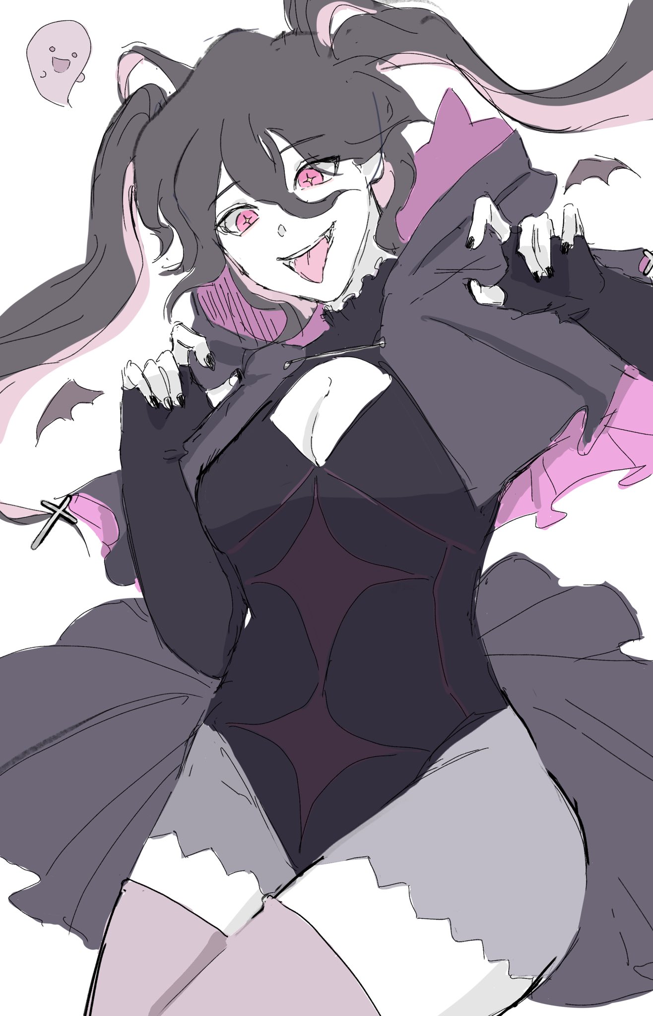 a digitally drawn anime girl with black hair and a pink and black dress. she has pink eyes with bat wings. she has a happy and spooky expression.