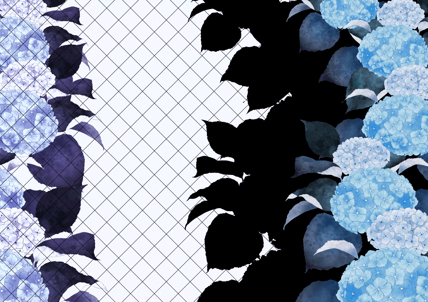 the image is a watercolor illustration of a hydrangea border on a transparent background. the border is made up of blue and purple hydrangea flowers and green leaves. the background is a white lattice pattern.