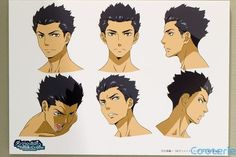 a page of character design sketches featuring the same male character from different angles. the sketches highlight his facial features, expressions, and hairstyle.  the style of the drawing suggests an anime or manga aesthetic.