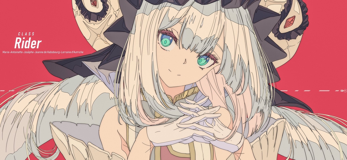 loseup illustration of an animestyle female character. she has long, flowing lightcolored hair, vibrant teal eyes, and is wearing an elaborate, ornate costume with gloves.  the art style is highly detailed with a soft, pastel color palette set against a red background. text overlays indicate "class rider" and her full name: "marieantoinettejoséphejeanne de habsbourglorraine d'autriche." the character's expression is serene and somewhat demure.  the image suggests a fantasy setting or character from a game/anime.