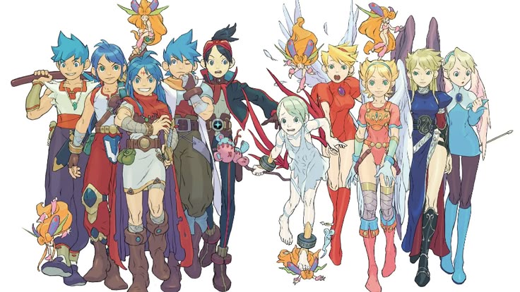 the image contains a group of anime characters arranged in two rows. the left row consists of male characters with blue hair and outfits, wearing boots and carrying weapons or accessories. a small fairy accompanies them at the bottom. the right row features female characters with blonde and lightcolored hair, mostly wearing red, pink, and blue outfits. some of them have wings, resembling fairies. a childlike figure is in the middle of the two rows. overall, it appears to be a collection of characters from a fantasythemed video game or manga.