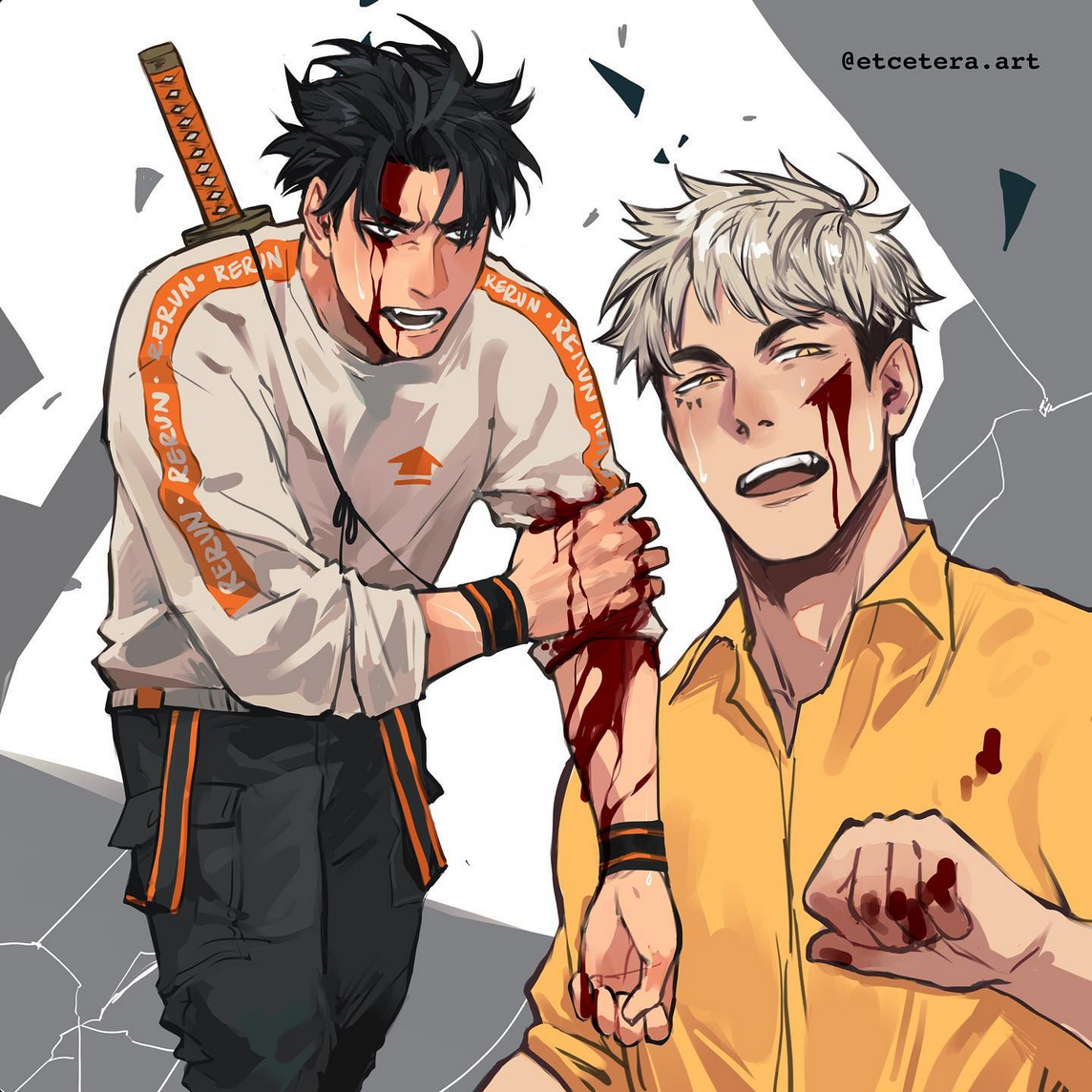 two young men, likely from an anime or manga, are depicted standing close, both sporting injuries and blood splatters. the darkerhaired man on the left, wielding a katana strapped to his back, supports the injured arm of his blonde companion. both wear streetstyle clothing with similar graphic designs. the background is a stark white punctuated by dynamic shards, emphasizing the intensity of their situation.
