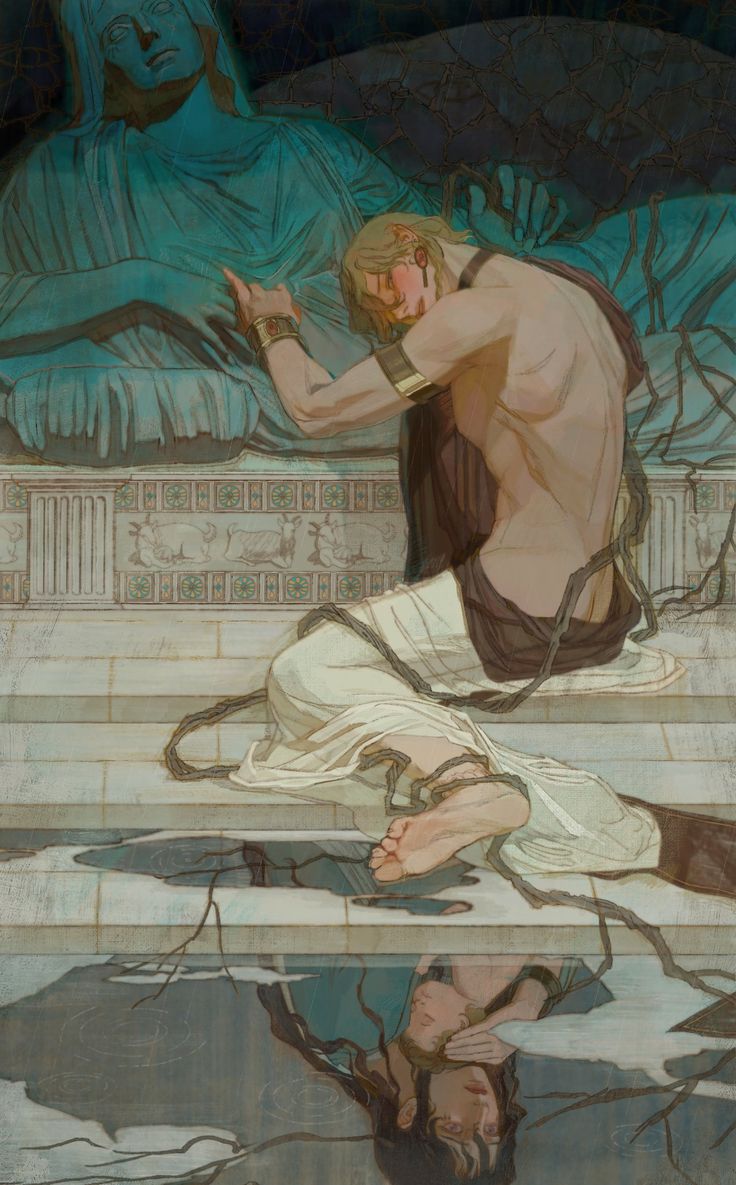 the artwork depicts a young, lightskinned man in classicalstyle clothing, kneeling before a large, tealcolored statue resembling a classical greek or roman goddess or figure. he appears to be bound by dark vines or chains that snake around him and reflect in the water at his feet. his posture and expression convey deep sorrow or grief. the background features a stone structure with decorative elements, suggesting a temple or sacred space. the man's reflection in the water is partially obscured and distorted, adding to the ethereal and melancholic atmosphere. the overall style is reminiscent of art nouveau with its flowing lines and soft colors, yet with a classical mythological element. the scene suggests a narrative of loss, confinement, or perhaps a lament for a deceased loved one or a fallen ideal.