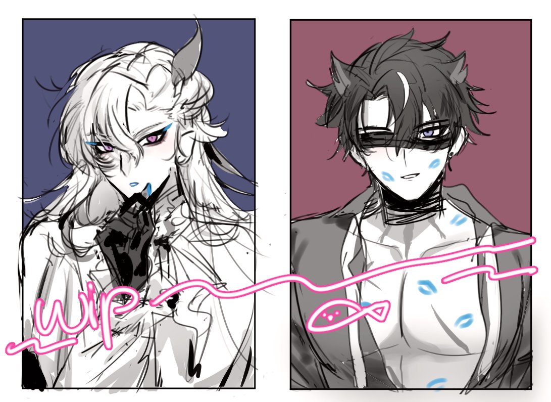this is a digital drawing of two anime characters, one male and one female. they are both demons with horns on their heads. the female has white hair and is wearing a white jacket and black gloves. the male has black hair and is wearing a dark suit with a blindfold. the drawing is unfinished, as indicated by the "wip" in the corner. the characters are posed in a dramatic manner and seem to be facing off against each other. the drawing is done in a sketchy style, with a lot of lines and shading. the colors are muted and mostly black and white. the overall impression of the drawing is one of mystery and intrigue.