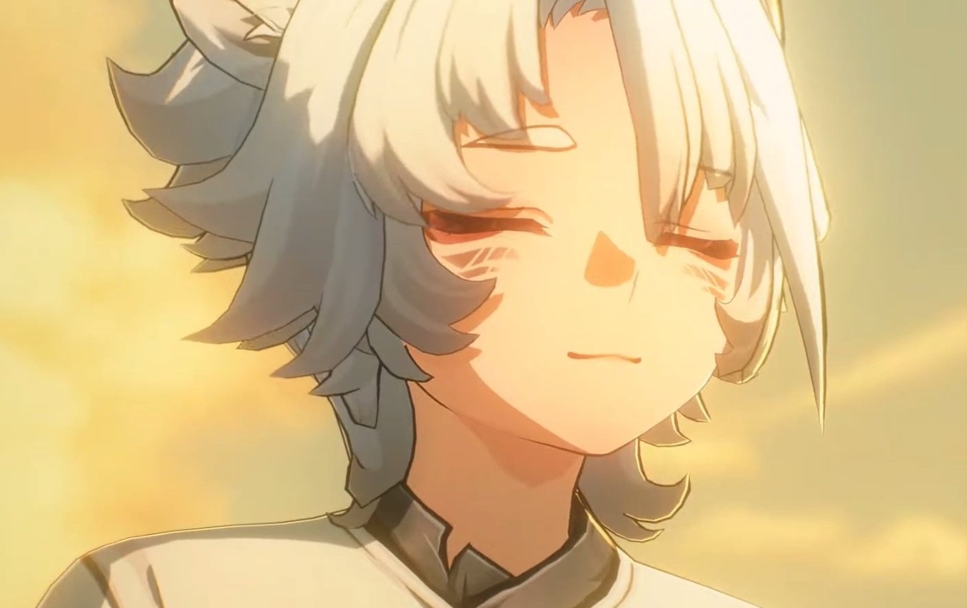 a young anime character with white hair and closed eyes is smiling while bathed in golden light. the character is male and has a youthful appearance.
