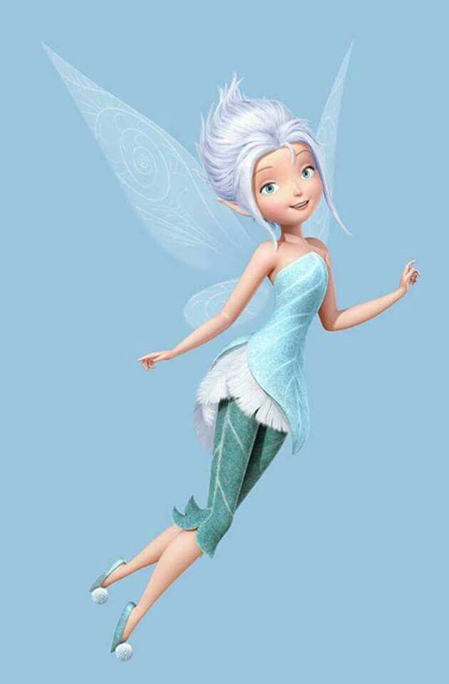 the image is a digitally created illustration of periwinkle, a disney fairy character. she has white hair styled in a pixie cut and wears a blue, leafpatterned dress. she also has translucent wings, which are characteristic of fairies. periwinkle is depicted midair, with her arms extended and a smiling expression. the background is a soft, light blue.