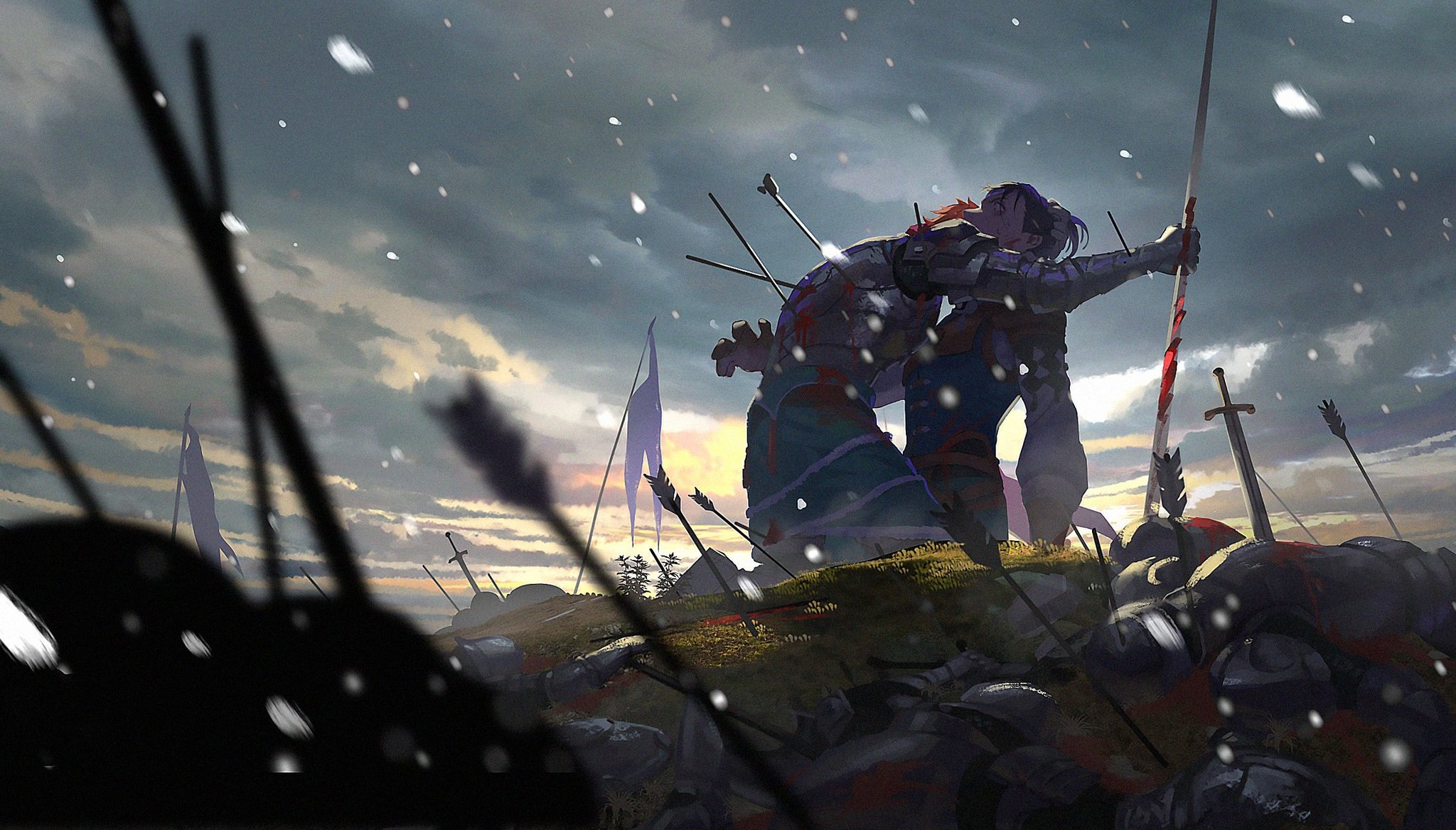 two warriors stand on a snowy battlefield littered with fallen soldiers and weapons. one warrior, pierced by arrows, kneels while the other supports them. the setting sun casts a dramatic, warm light against the cold, snowy backdrop. flags flutter in the wind as snow falls gently. the image evokes a sense of loss, sacrifice, and the heavy toll of war.