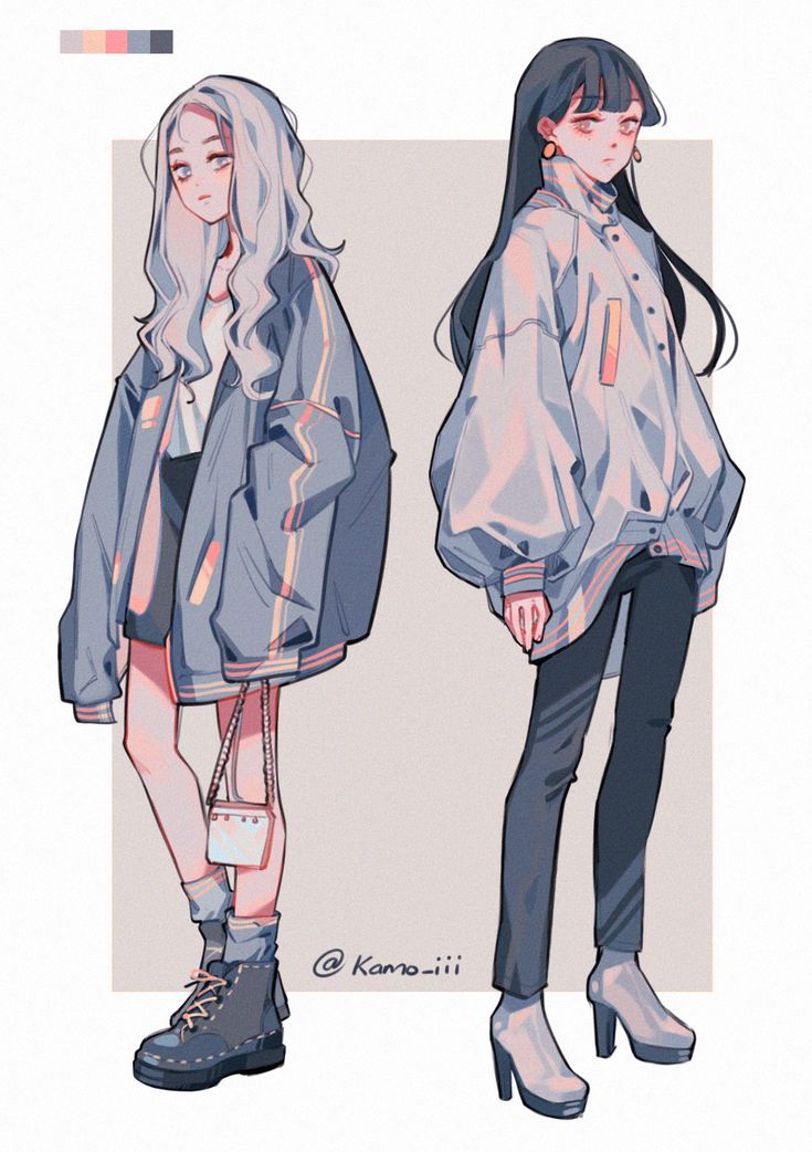 the image contains a digital drawing of two animestyle girls.  both are wearing oversized pastelcolored jackets. one girl has long, wavy white hair and is wearing dark boots and carrying a small bag. the other girl has long, straight black hair and is wearing black pants and highheeled shoes. the style is soft and slightly pastel with a focus on fashion and character design. the artist's signature, @kamo_iii, is visible in the image.  the drawing has a clean, contemporary aesthetic.