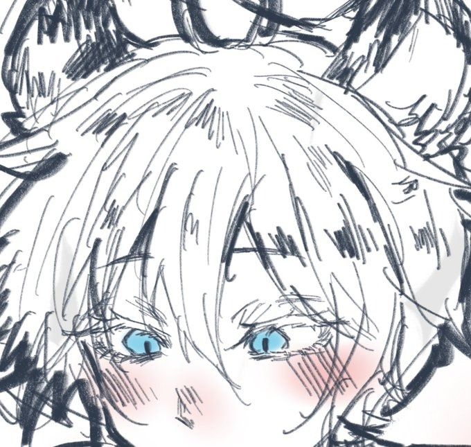 the image is a closeup, stylized illustration or sketch of an animestyle male character.  he has messy, short white hair, bright blue eyes, and noticeable pink blush on his cheeks. the art style is somewhat rough and sketchy, with visible lines and texture, giving it a slightly unfinished or handdrawn look. the character's expression is somewhat ambiguous, perhaps a mix of slight surprise and embarrassment or shyness.  the style is reminiscent of chibi or slightly simplified anime proportions.  the background is indistinct and blends into the character's hair.