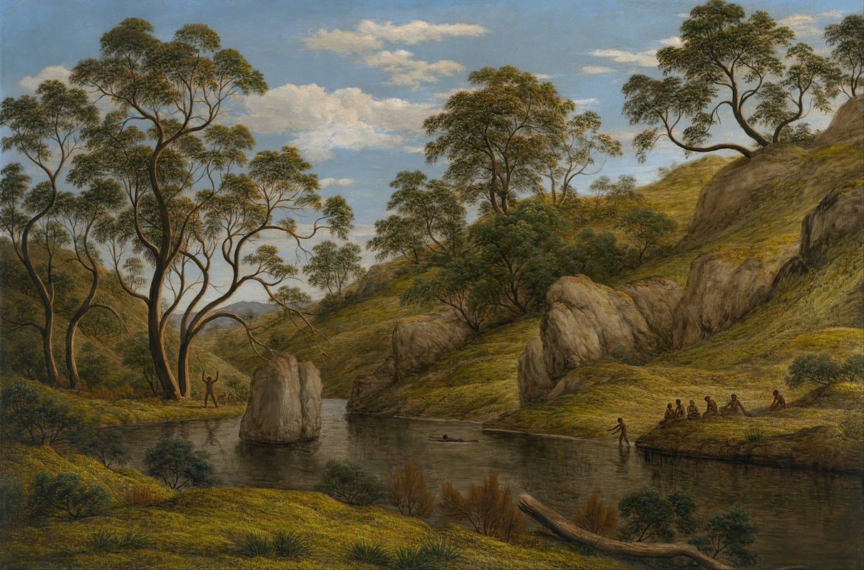 a painting of an australian landscape featuring a river with large rocks, grassy hills, and trees. several indigenous people are depicted, some swimming in the river, one standing at the edge, and others gathered on the riverbank. one person stands near trees raising arms and surrounded by animals. the sky is blue with scattered clouds.