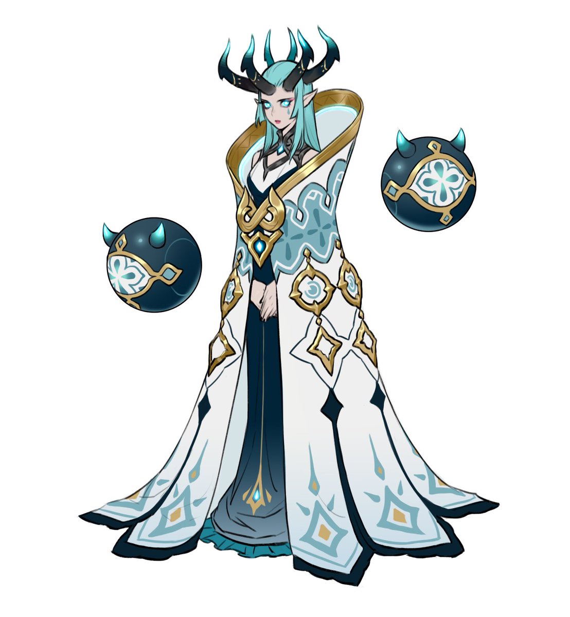 a female fantasy character with pale blue skin, long teal hair, and elaborate horns stands against a white background. she wears a long, flowing robe with intricate patterns in shades of blue, teal, and gold. two dark orbs with glowing blue designs hover on either side of her. she appears serene and powerful, radiating an aura of magic.