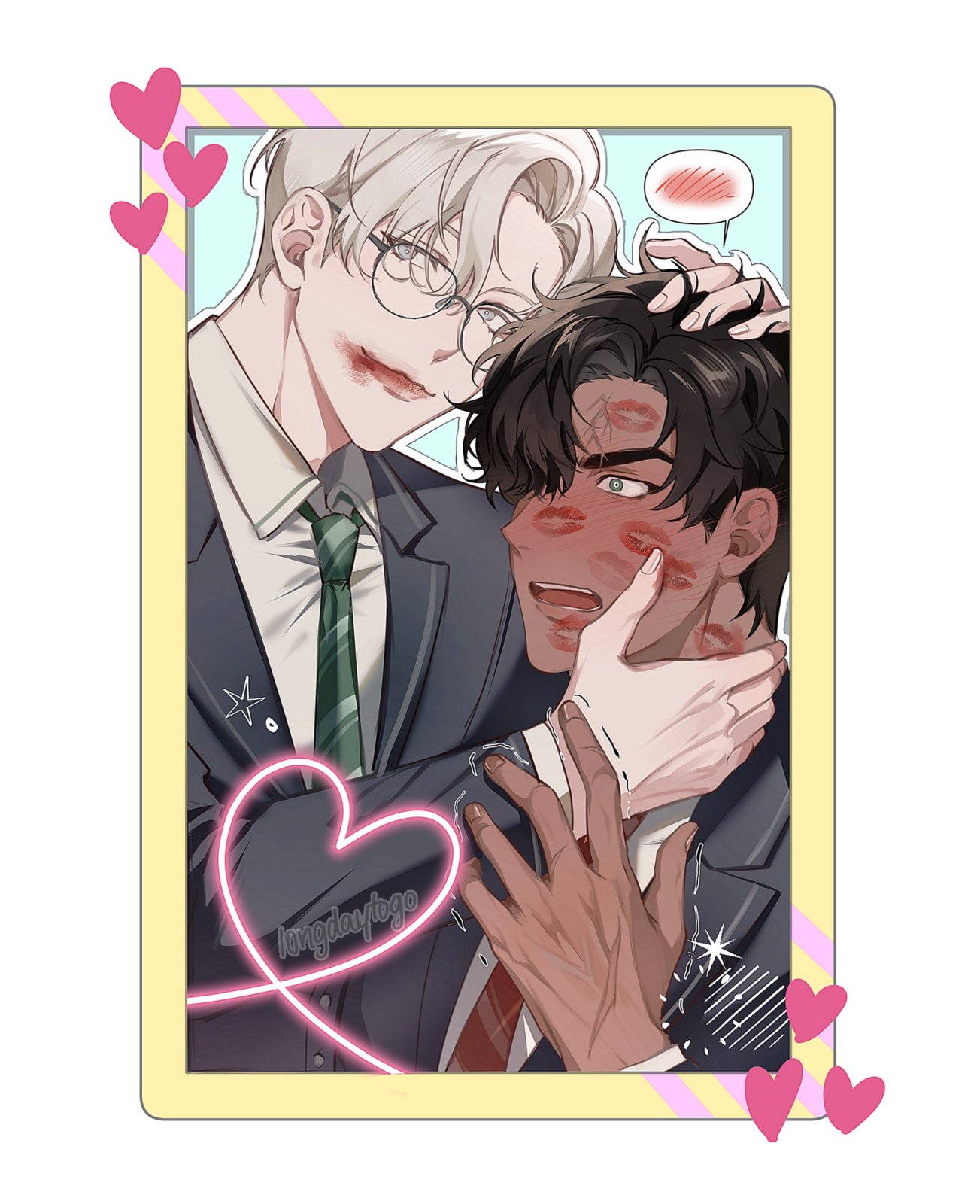 the image is a digital drawing in an anime/manga style depicting two young men in suits. one has light hair and glasses, and the other has darker hair. they are closely embraced, with kiss marks visible on their faces, suggesting a romantic relationship.  the style is suggestive of yaoi/bl (boys' love) manga or fanart, indicated by the intimate pose and the heart decorations around the image. the overall mood is sweet and affectionate.