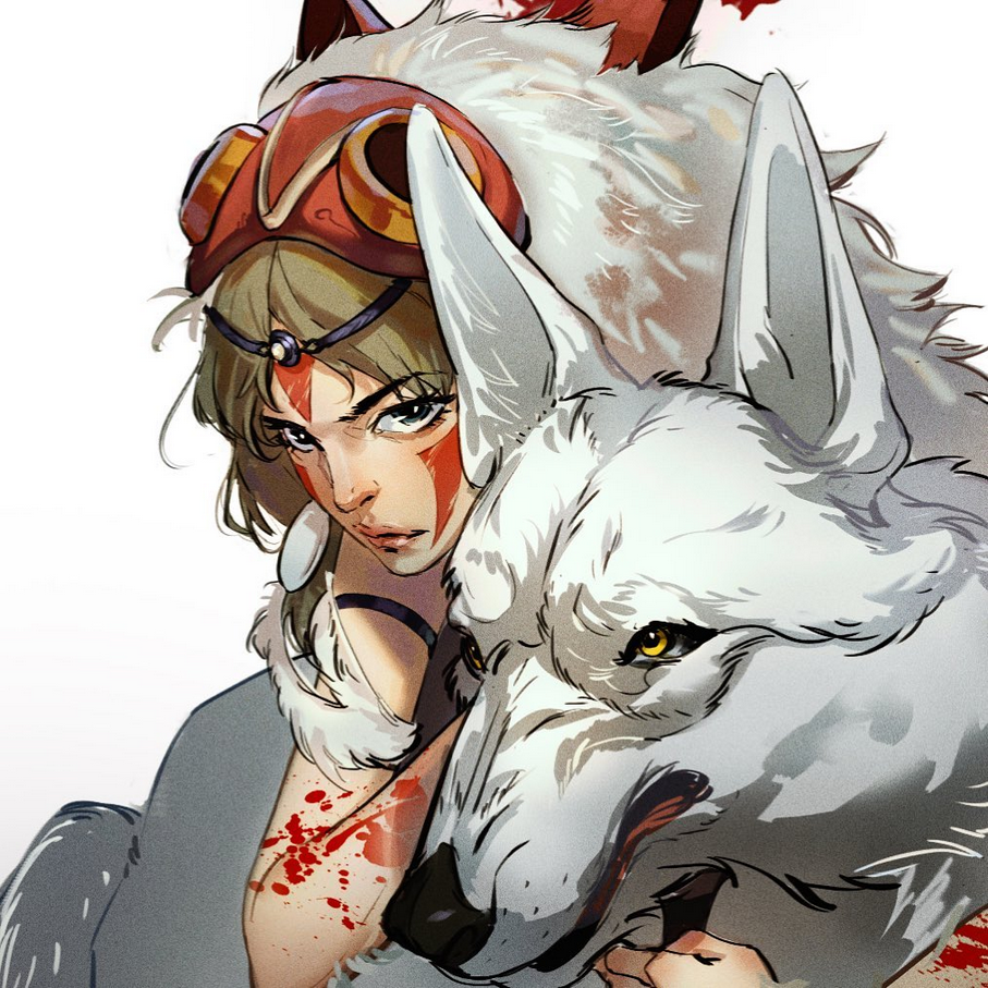 this is a digital art illustration of a young woman from the anime princess mononoke.  she is known as san, the princess mononoke. she has a red mask on her face, with a white wolf beside her.  both her face and the wolf's face are in closeup, and they are both looking directly at the viewer. the background is a white wash, which highlights the details of their faces and the fur on the wolf.  the background also has some bloodstains that have a  light and soft look to them.