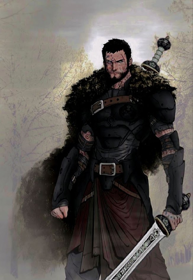 this is an illustration of a warrior in full armor. he is standing in front of a gray, foggy background, holding a sword in his right hand and looking grim. the warrior is wearing dark clothes, including a fur cape and a shield on his left arm. his armor is metal and detailed. the sword is sharp and silver.