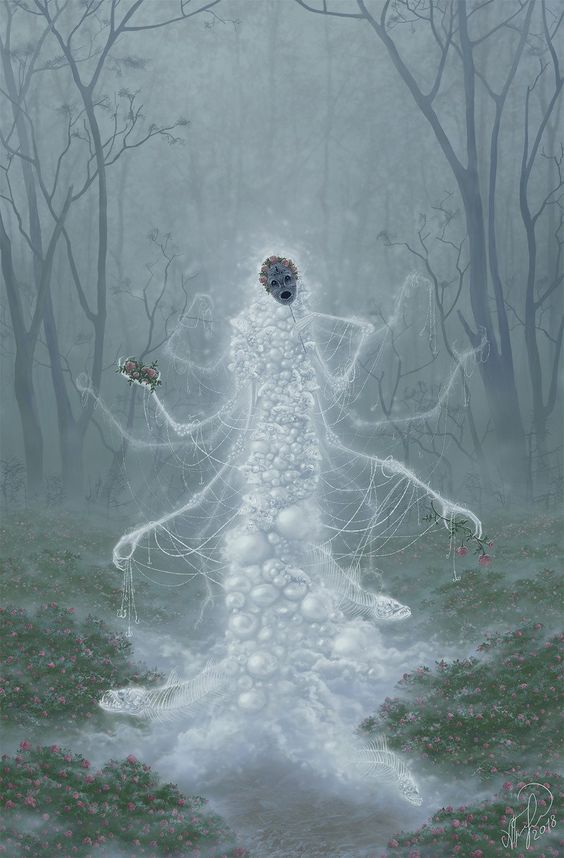 a digital painting of a fantastical being, seemingly made up of white and blue, bubblelike shapes and wispy tendrils of gossamerlike material. the being is surrounded by a foggy, misty forest, and there are pink flowers scattered about, hinting at a possible connection to the mysterious figure.  the being’s face is concealed within the bubblelike shapes, but it’s possible to make out a faint, ghostly form within the mass. the artwork evokes a sense of eerie beauty and whispers of secrets hidden in the woods.