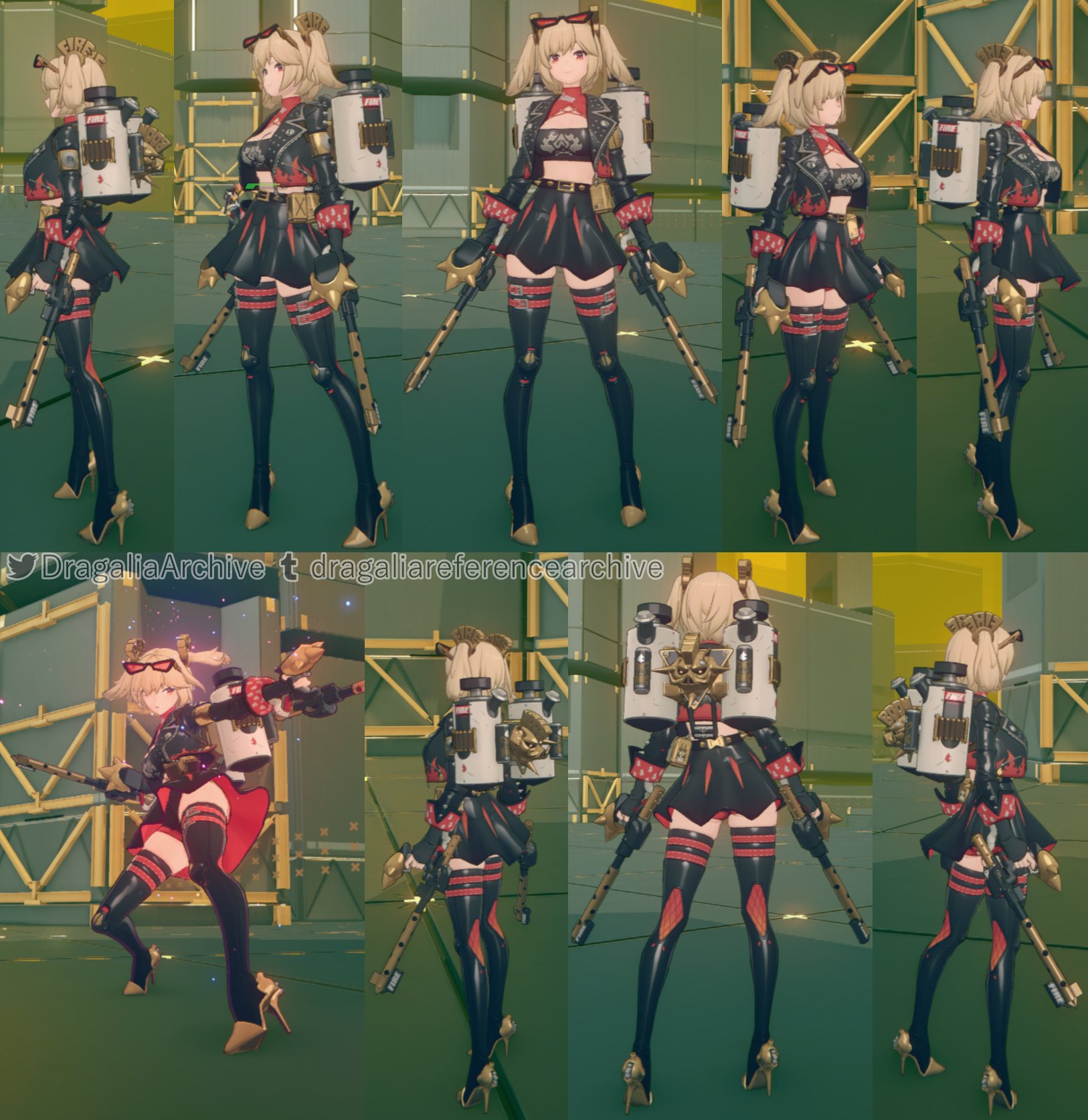 this image showcases a multitude of 3d renders of herta from honkai: star rail.  the renders present her in a variety of poses and angles – from the front, back, and sides, as well as threequarter views – to demonstrate her character model and outfit in detail. the character is depicted wearing a specific outfit, including a short black skirt, red and black stockings, and boots, along with a unique backpack and gunlike weapons. the background is a simple, stylized environment, focusing attention on the character model itself. the multiple views provide a comprehensive look at the character's design and animations, possibly for game development or promotional material.  a watermark suggesting it's from the dragalia archive or a related account is visible.