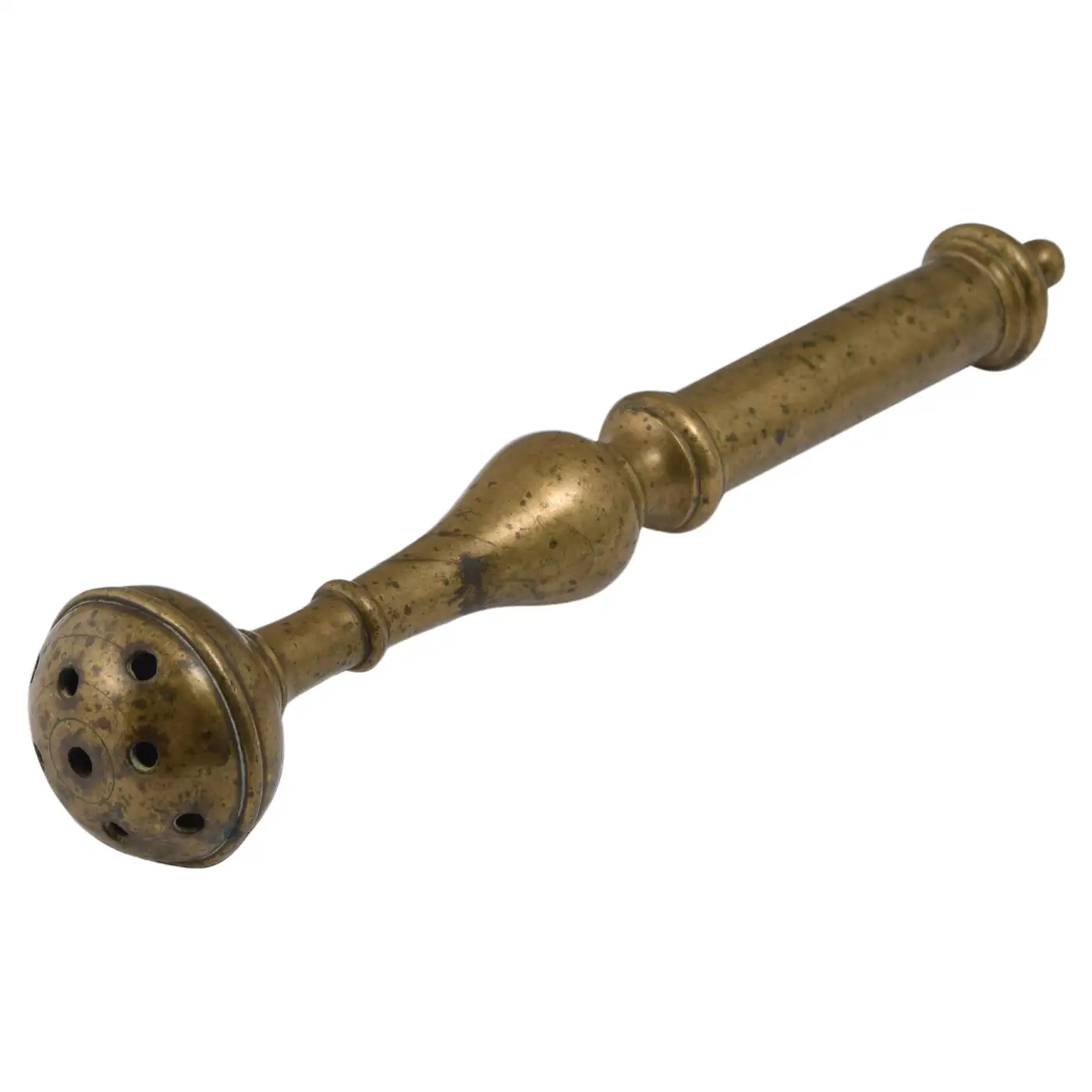a vintage brass watering can nozzle and handle, possibly a sprayer, is displayed against a white background. it features a perforated head and a long, slender handle with decorative bulges.