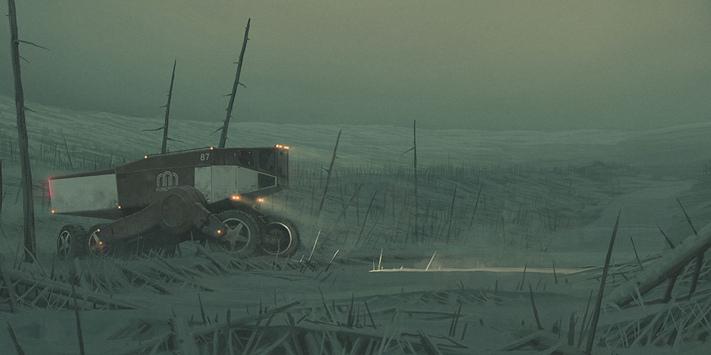 a lone, futuristic truck drives through a desolate, postapocalyptic landscape. the vehicle is partially obscured by fog, and the surrounding landscape is barren and lifeless. the image is evocative of a dystopian future where the environment has been ravaged by some unknown catastrophe.