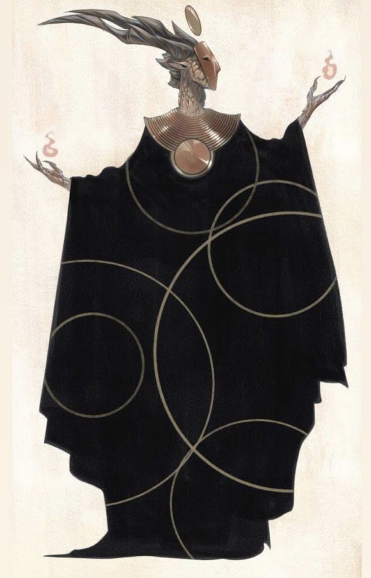 a digitally rendered fantasy art piece featuring a tall, slender alienlike figure adorned in a flowing black robe with overlapping gold circles. the figure has an elongated head, unusual skin texture, and wears a mask. a metallic collar and circular pendant adorn the neck. the figure's long, bony fingers hold small, glowing orbs. a floating gold orb hovers near its head, and it has an abstract headpiece. the background is a neutral, textured color.