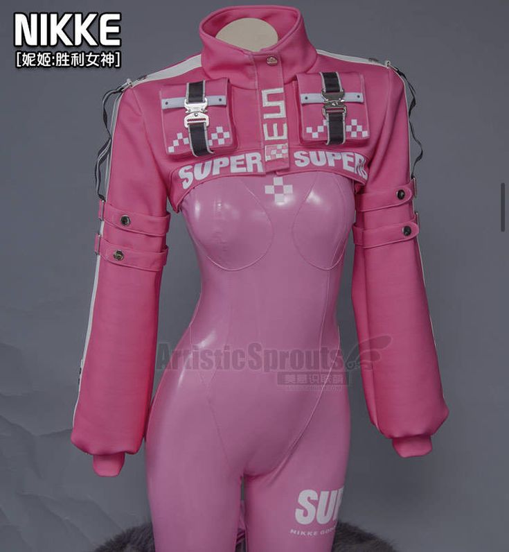 this image showcases a pink outfit designed for cosplay, with a cropped jacket featuring the word "super" on the front and a latex jumpsuit adorned with the same inscription. the outfit is styled in a futuristic manner, reminiscent of the anime character "nikki: victory goddess." the image highlights the meticulous attention to detail in the cosplay, from the intricate stitching of the jacket to the sleek texture of the latex jumpsuit.
