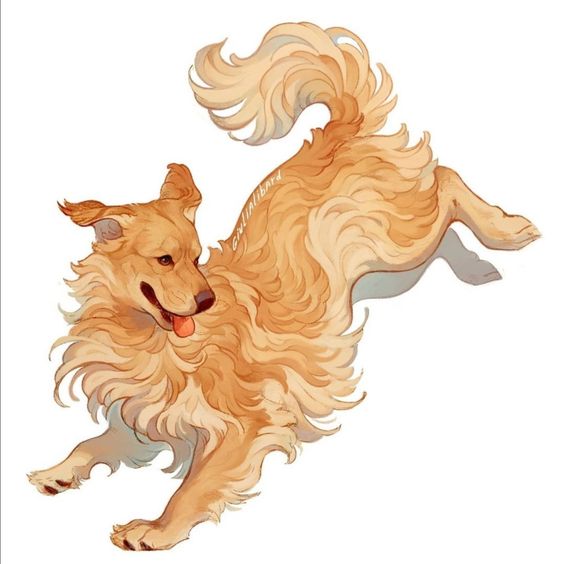 the image showcases a digital illustration of a golden retriever dog in midjump. the dog is depicted with its tongue out, suggesting a playful and energetic demeanor. its fur is rendered in various shades of gold and brown, adding depth and texture to the image. the background is plain white, putting all the focus on the dog's lively pose and expression.