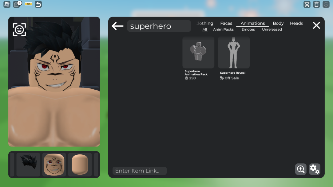 the image is a screenshot of a character customization screen, likely from the online game roblox. the screen shows a muscular male avatar with black hair, red eyes, and tribalstyle face markings. the avatar is shirtless. to the right is a menu for selecting superherothemed clothing, faces, animations, body parts, and heads. currently, two options are highlighted: "superhero animation pack" and "superhero reveal".  the background is a bright green.