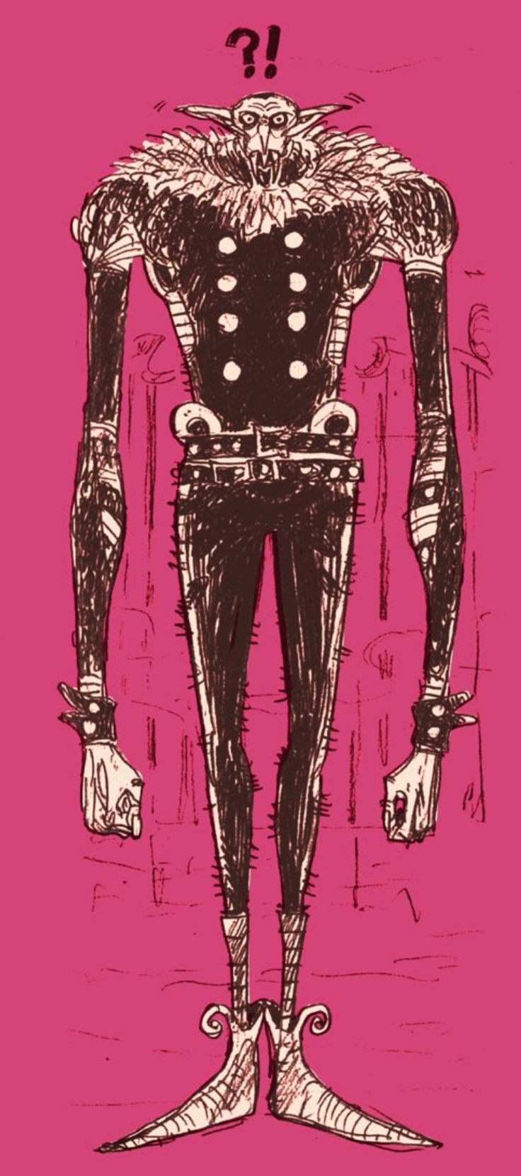 this image is a cartoon drawing of a monster. it's drawn in black and white on a pink background. it's a tall, thin creature with a large head, a long snout, and long, thin legs. it has a large collar around its neck and a belt with metal studs around its waist. it has two dots for eyes and an "!" for its mouth. the creature appears to be in shock with its eyes wide and its mouth wide open. there is a question mark above its head.