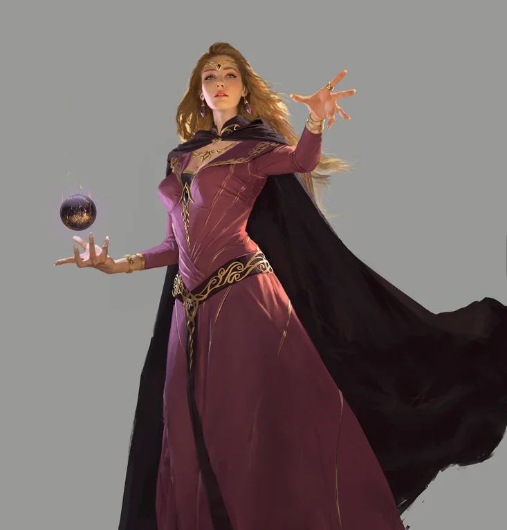 a beautiful sorceress in a long, flowing purple and gold dress with a black cloak. she is casting a spell with a floating dark orb, surrounded by a purple aura. she has long golden hair and a confident expression on her face. the background is a simple grey.