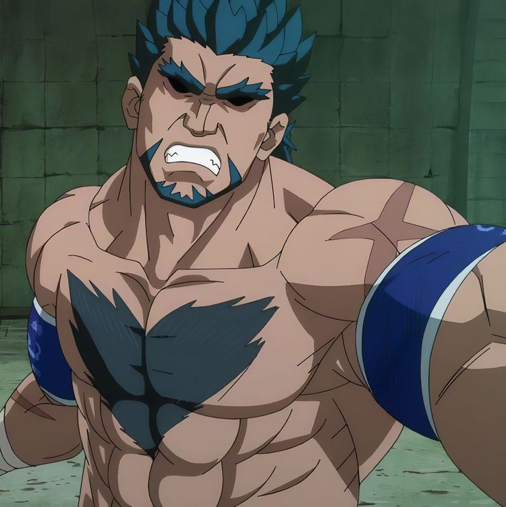 this is an image of a muscular, anime character with blue hair and a black and white tattoo across his chest. he has a menacing expression on his face with gritted teeth and angry eyes. he is wearing a blue band around his right arm. the character is likely a fighter or warrior, based on his physique and expression.