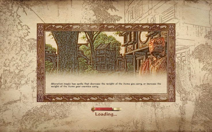 a loading screen from a fantasy roleplaying game (rpg) with a medieval setting. the screen is surrounded by a decorative frame. inside the frame, there is a drawing of a man in a town square. below the frame, a line of text explains that alteration magic can decrease the weight of the items that the player carries or increase the weight of the items that enemies carry. at the bottom of the screen, there is a loading bar and the word "loading..." in white letters.