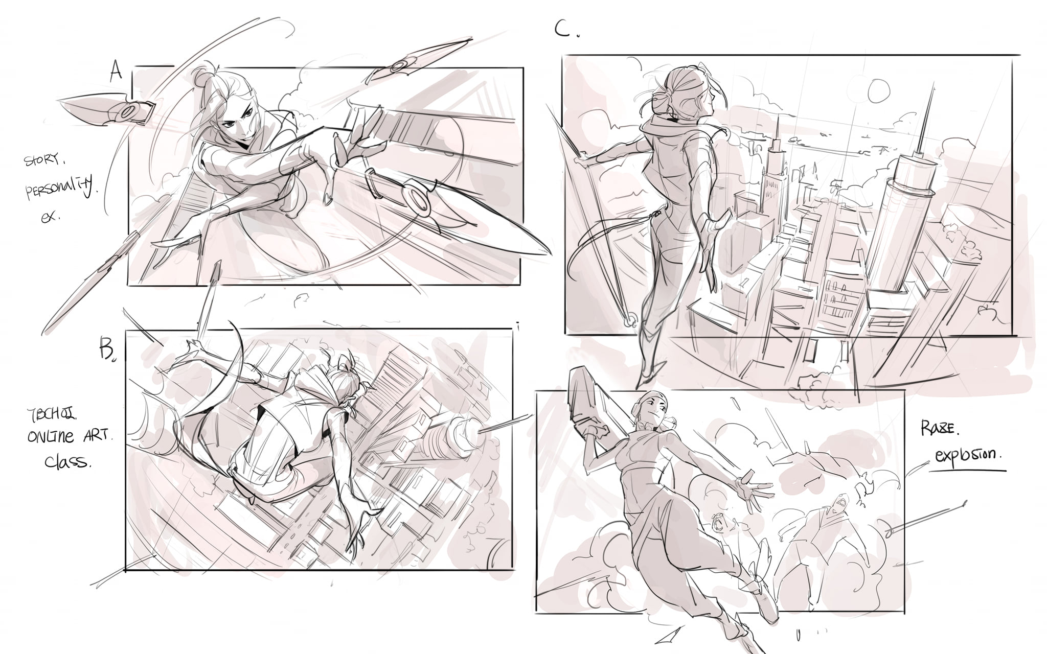 the image presents a storyboard showcasing a dynamic action sequence. it's broken into four panels, each depicting a different moment in a likely fastpaced action scene. the panels feature a consistent female protagonist, who seems to be agile and skilled in combat, possibly navigating a cityscape. the style is a loose, dynamic sketch that conveys energy and movement.  panel a focuses on the character's personality and weaponry, panel b shows them moving skillfully through the city, panel c demonstrates them in a highaltitude position, overlooking the city, and panel d depicts an explosion with possible antagonists. the overall tone suggests a thrilling and visually engaging story, possibly from a video game or animated film. the notations suggest that some of this concept art was created as part of an online art class. there's a possible allusion to "raze," which might be a character name or a relevant aspect of the story.