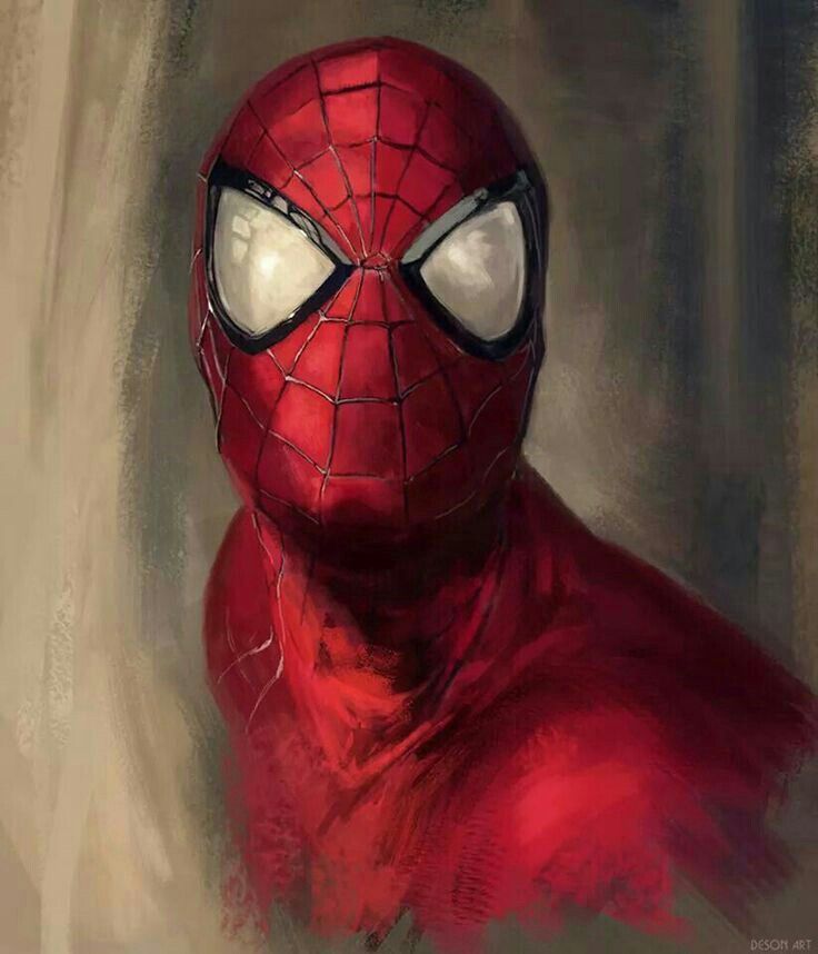 a closeup portrait of spiderman, with his iconic red and blue suit, looking intensely at the viewer. the image is painted in a dark, stylized, and dramatic fashion, highlighting the details of his mask and the intensity in his eyes. the background is blurred and dark, creating a sense of depth and drama. this image captures the essence of spiderman's character, showcasing his strength, determination, and sense of justice.