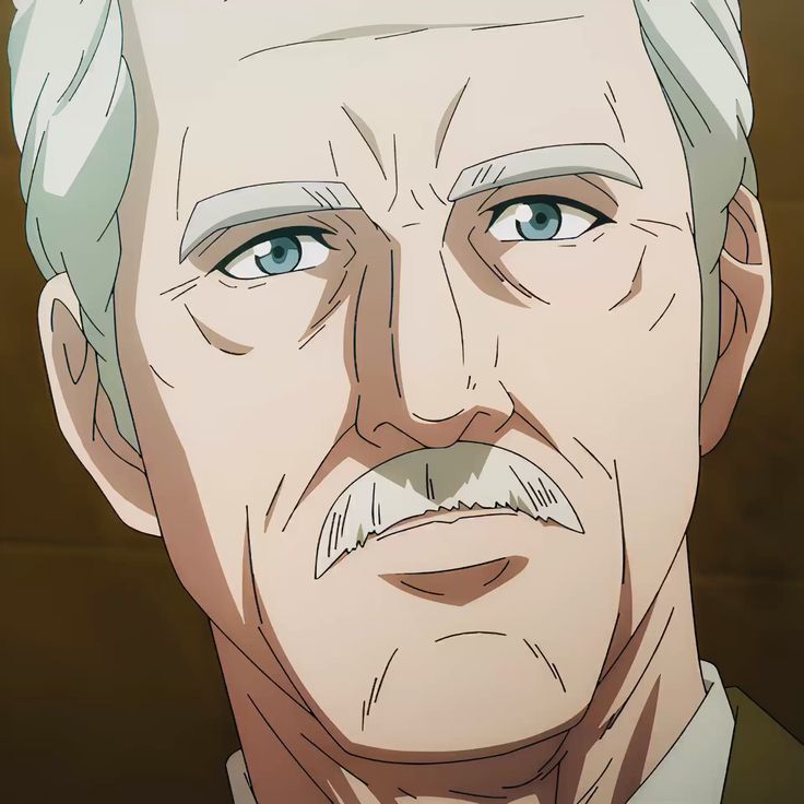 a head and shoulders drawing of an older man with white hair and a white mustache. he has a serious expression on his face.  the image appears to be from an anime or animation.  the colors are muted and soft.