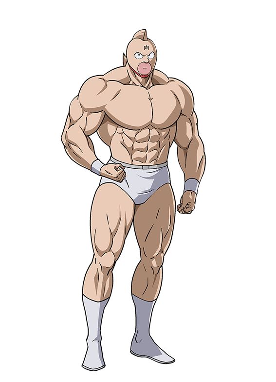 this is a digital illustration of a muscular male character from an anime or manga. he is wearing a white wrestling outfit and has a baby face. he is posing in a fighting stance, with his muscles prominently displayed.