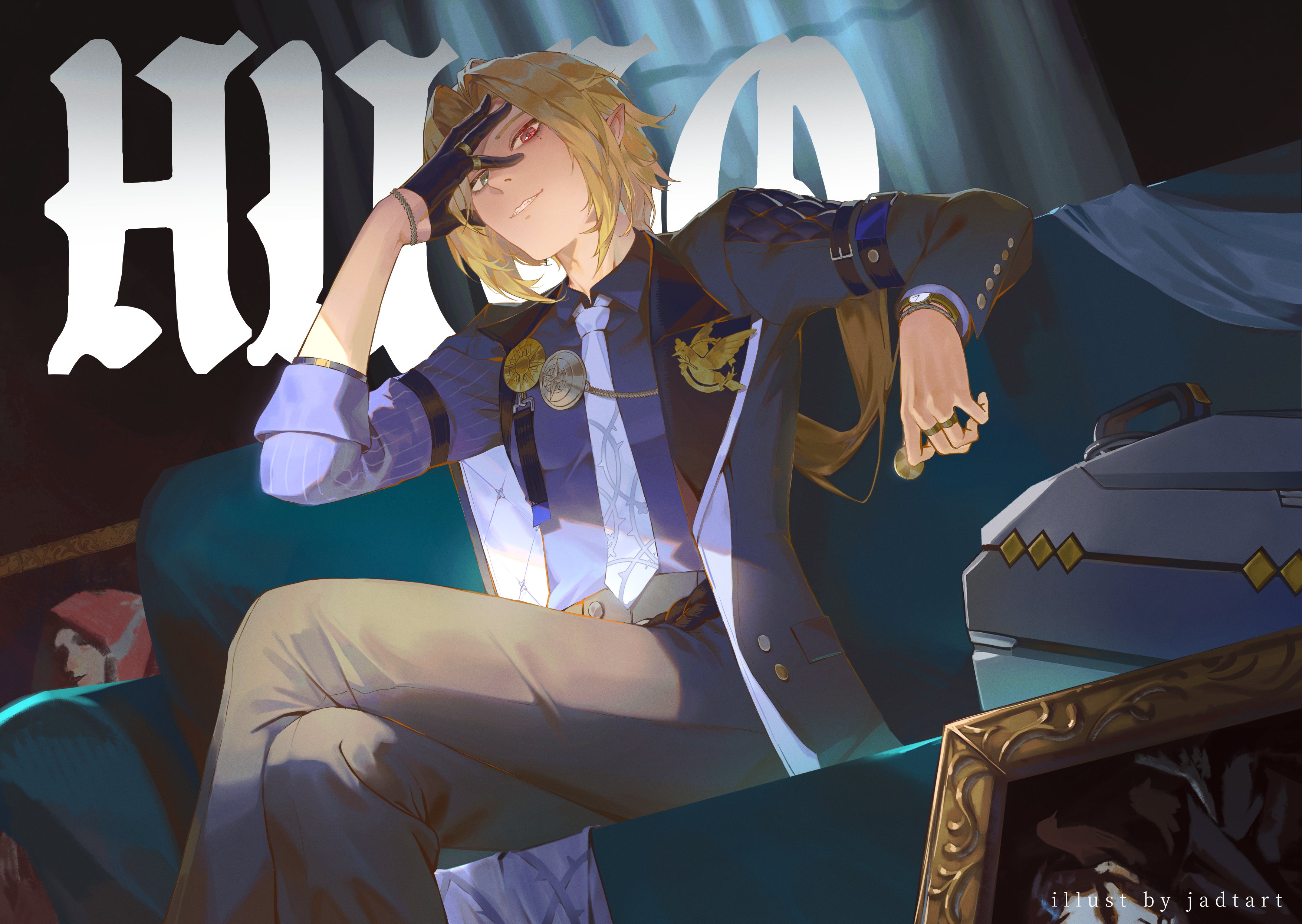 an animestyle illustration depicts a blondehaired, redeyed male character in a suit sitting on a green couch. the character has a smirk and is holding his hand up to his forehead. behind him is the word "hiro" in large white letters. there are also two portraits on the floor, one with a redhooded figure and one with a dark image. the illustration is signed "illust by jad dart."