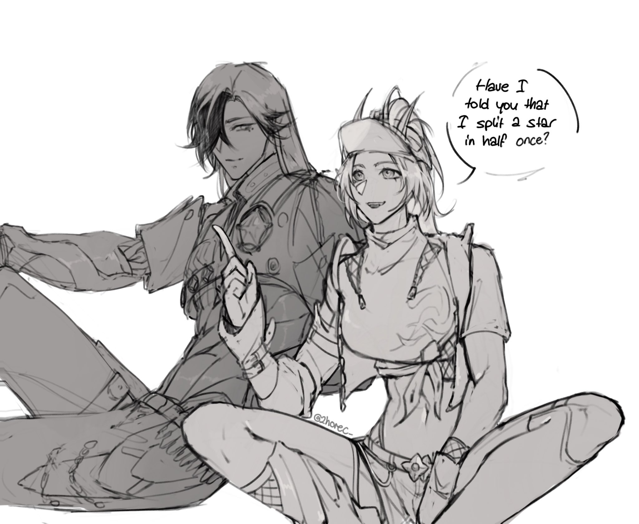 his is a grayscale digital drawing featuring two animestyle characters. the male character has long, dark hair and is wearing a futuristiclooking outfit. the female character has short, lightcolored hair and is wearing a more casual outfit. they're sitting close together, and a speech bubble above them shows the male character casually mentioning that he split a star in half. the style is reminiscent of fanart for games like genshin impact, with the characters potentially being inspired by albedo and klee. the overall mood is lighthearted and friendly.