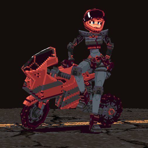 a pixel art image depicts a female rider with a helmet sitting on a futuristic orange motorcycle on a dark street.