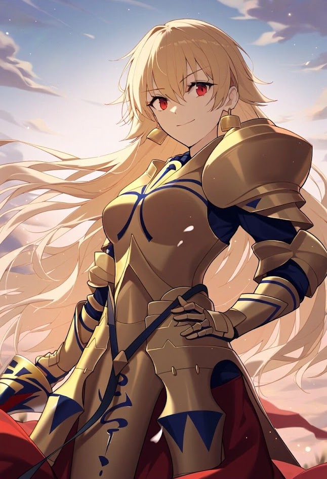 the image is an animestyle illustration of a young woman with long blonde hair and red eyes. she is wearing golden armor and a blue dress with a red sash. she is holding a sword in her right hand and has a serious expression on her face. the background is a cloudy sky with a faint hint of orange. the woman's hair flows in the wind, and her armor is intricately detailed. she appears to be a powerful warrior, ready for battle.