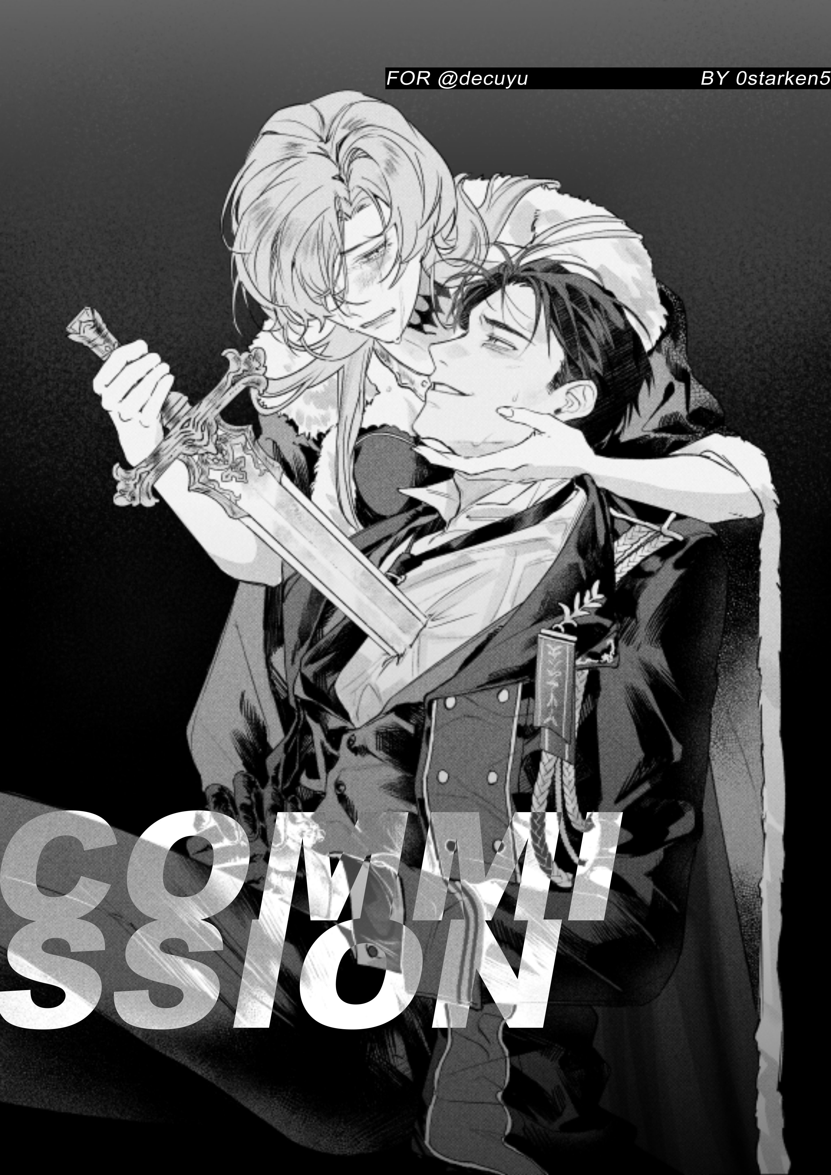 this image is a black and white illustration of a man and a woman in an anime style. the woman is on top of the man and holding a sword. she is holding him tightly with her left arm while she kisses him. the